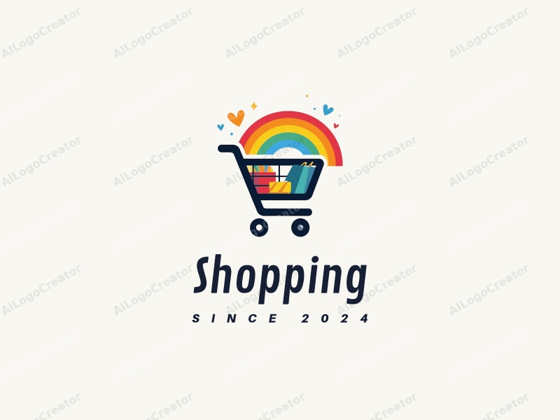 a modern design featuring a colorful shopping cart and a vibrant rainbow, combined with elements of a mall, creating a harmonious and clean composition.