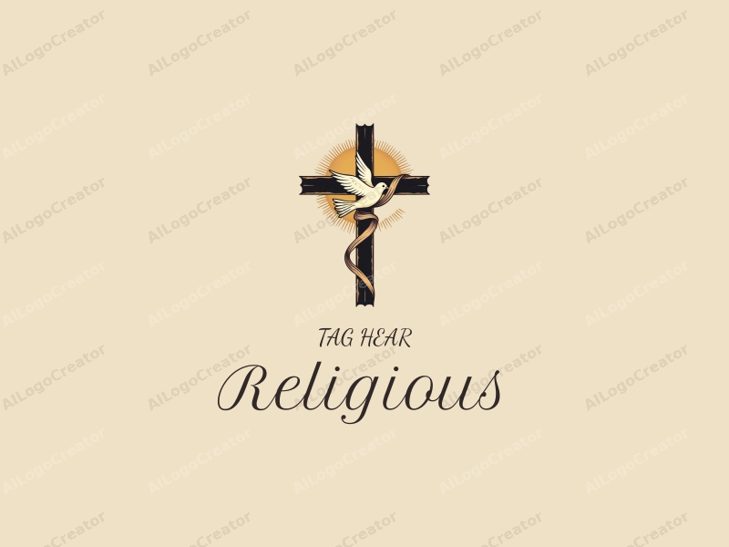 vintage design features a prominent cross intertwined with a peace dove, radiating a golden glow, set against a clean background, embodying religious symbolism and tranquility.