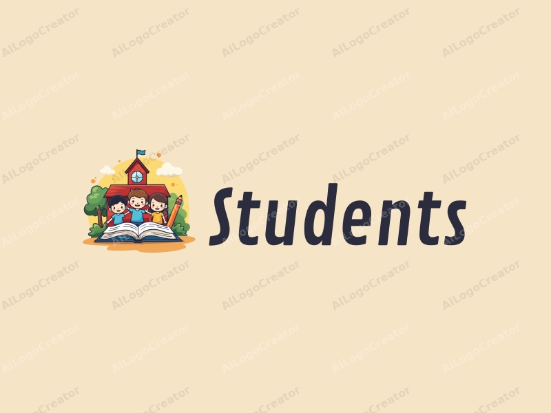 playful design features cheerful students, a stylized school building, open books, and pencils arranged harmoniously with a vibrant background.