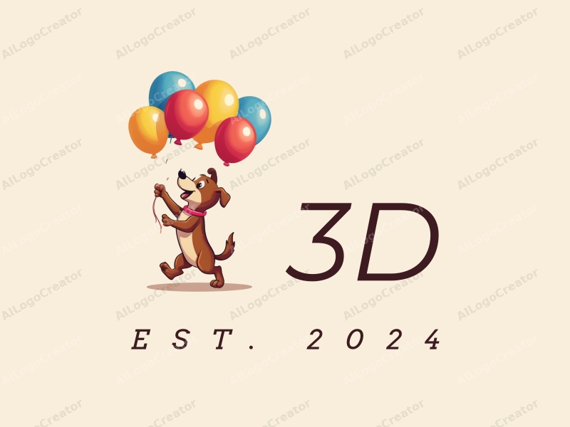 a modern design featuring a 3D dynamic dog playing with colorful balloons, incorporating a vibrant and playful atmosphere with clean lines and a harmonious composition.