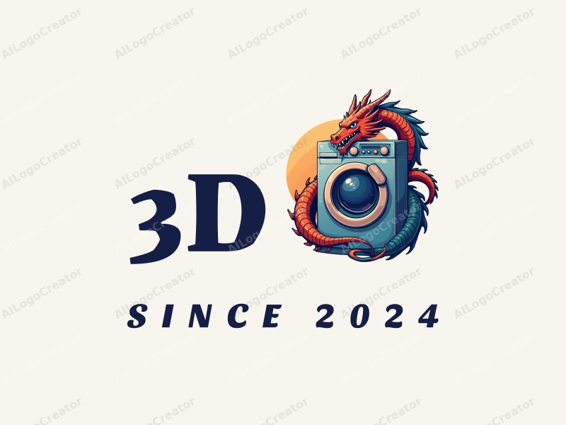 a modern design featuring a 3D dragon intertwined with a washing machine, dynamic composition with vibrant colors, emphasizing movement and energy, set against a clean background.