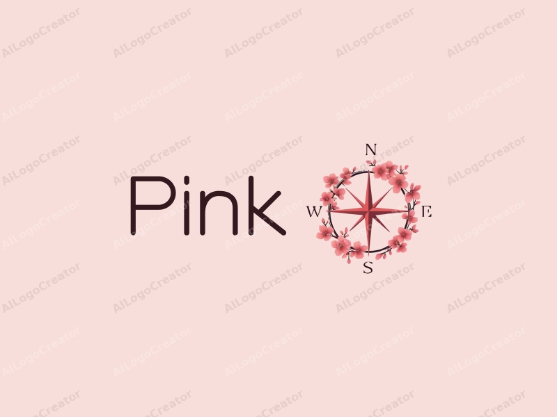 minimalist design features delicate cherry blossoms and petals intertwined with a stylized compass, set against a clean pink background.