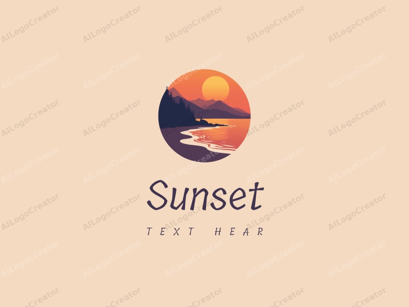 vintage design features a stylized sunset over a beach with mountains in the background, using a harmonious blend of orange and purple colors, combined with a clean and simple layout.