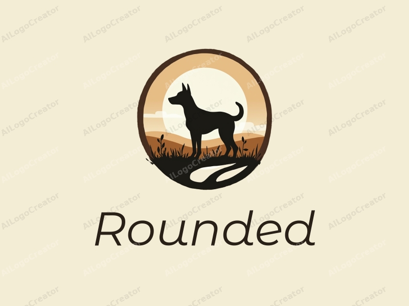 geometric design features circular shapes and curves, a stylized dog silhouette in a prairie setting, combined with a clean background.