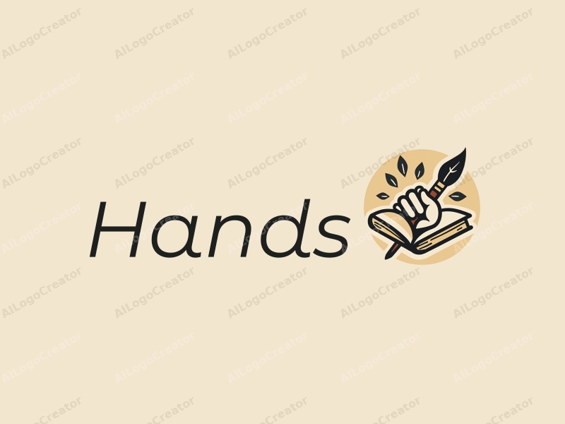 a modern design featuring a stylized hand gripping a book and a paintbrush, combined with a clean background and a harmonious composition.