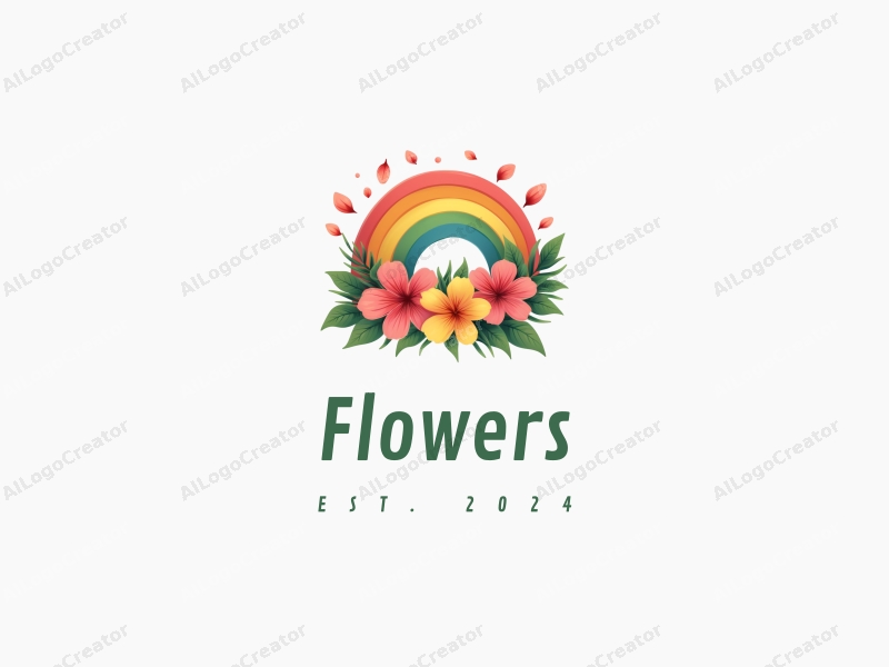 playful design features vibrant flowers and petals, a whimsical rainbow, and lush leaves combined with a clean background.