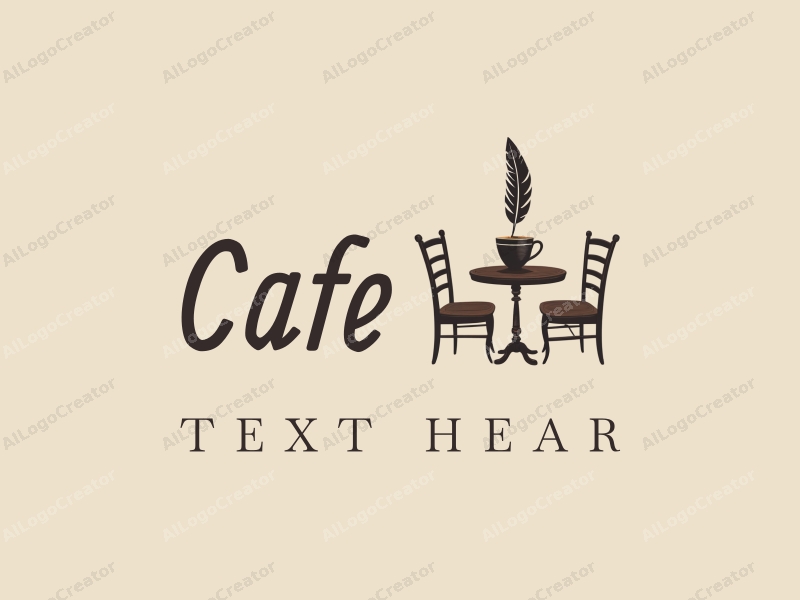 vintage design features a stylized coffee cup, elegant feather, and a cozy table and chair setup combined with a clean background.