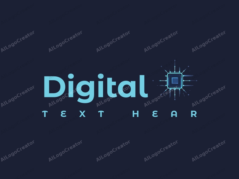 a modern minimalist design featuring digital elements like a stylized chip and light beams, combined with a clean background in blue and black colors.