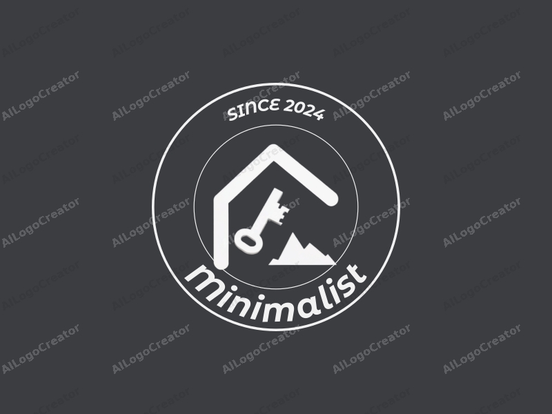 minimalist design features a stylized house silhouette and a key, utilizing clean lines and a black and white color scheme, combined with a tag style approach against a simple background.