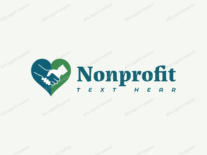 modern design features a heart shape and a handshake symbolizing charity and volunteer work, combined with a clean background in blue and green colors.