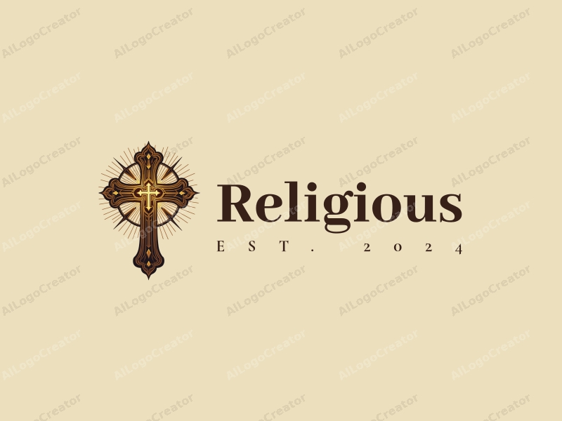 vintage design features a prominent cross surrounded by religious symbols, a golden glow emanating from the center, and a scroll elegantly integrated into the composition, combined with a clean background.