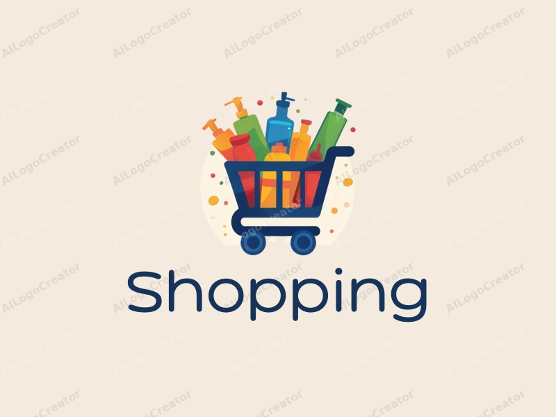 a modern design featuring a colorful shopping cart filled with various products, set against a stylized mall background, emphasizing simplicity and harmony in composition.