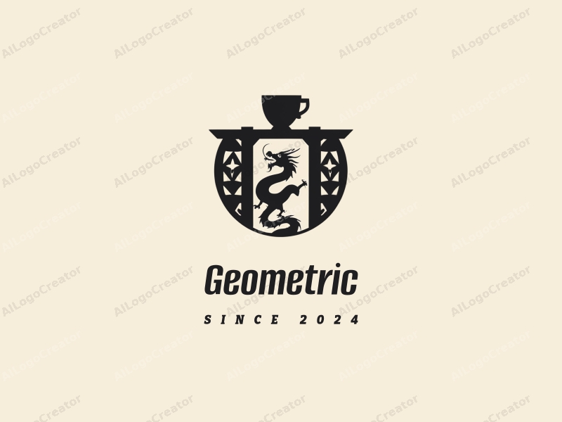 geometric design features a combination of squares and circles, a stylized cup, and a dragon bridge silhouette, all integrated with a clean black and white background.