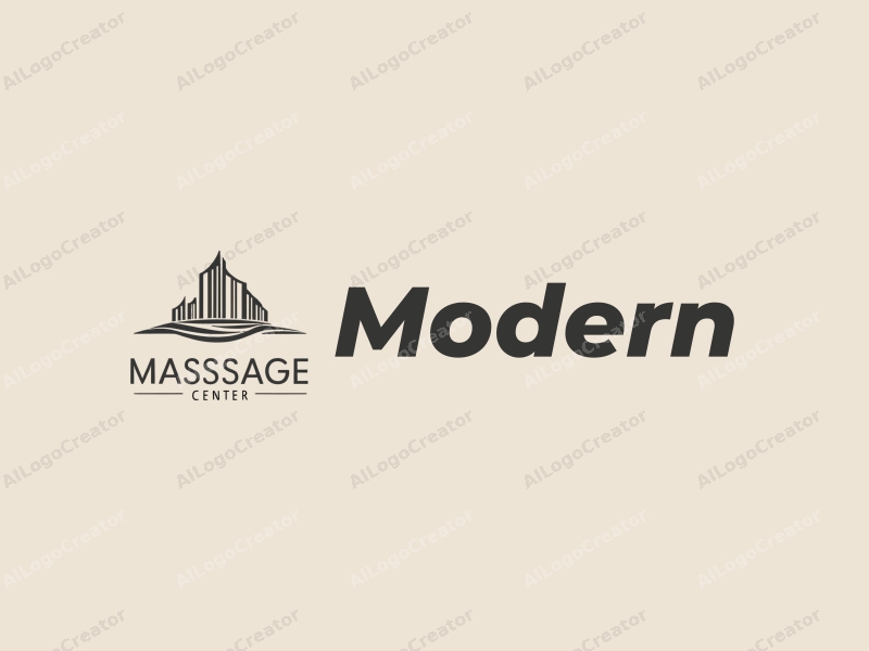 minimalist design features clean lines, a stylized building silhouette, and innovative elements representing massage and center concepts combined with a simple background.