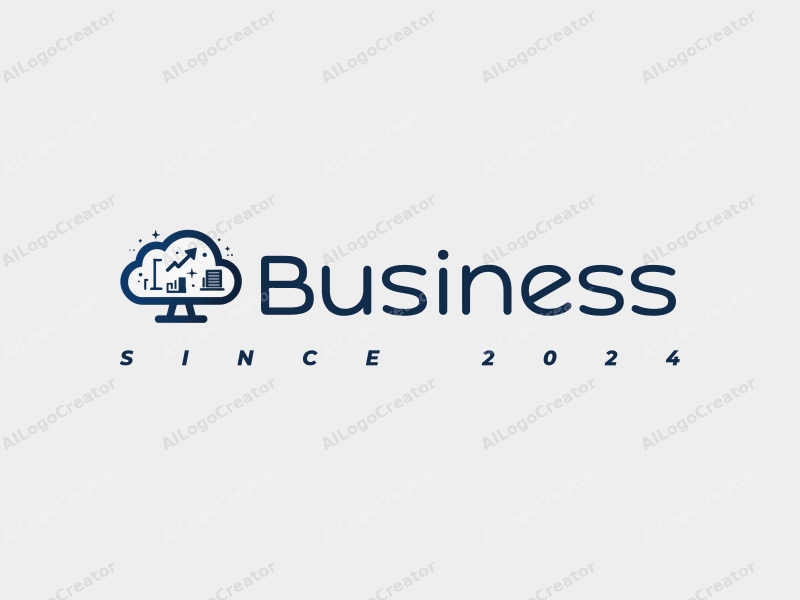 a modern minimalist design featuring a stylized cloud and computer icon, combined with business and office elements, set against a clean background in blue and gray tones.