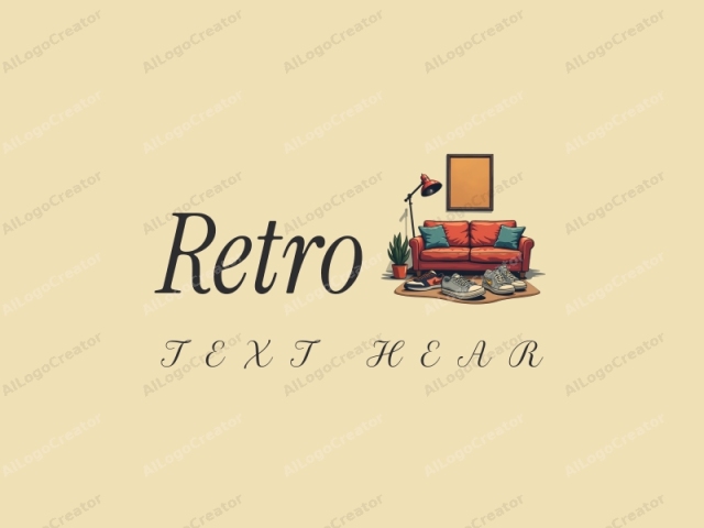 vintage design features a retro sofa and poster, combined with stylized sneakers and sports equipment, set against a clean background.