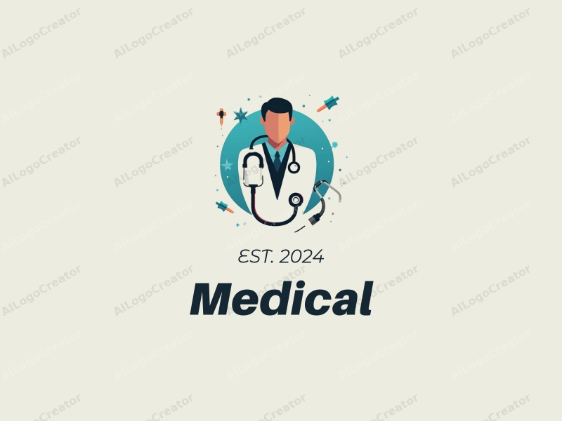 modern design features a stylized hospital silhouette, a doctor figure, a stethoscope, and a syringe, combined with a clean background.