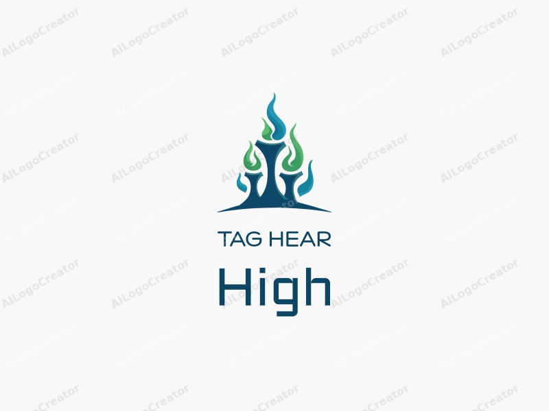 a modern design featuring towering structures with spiral shapes and flames, incorporating blue and green colors, combined with a clean background.