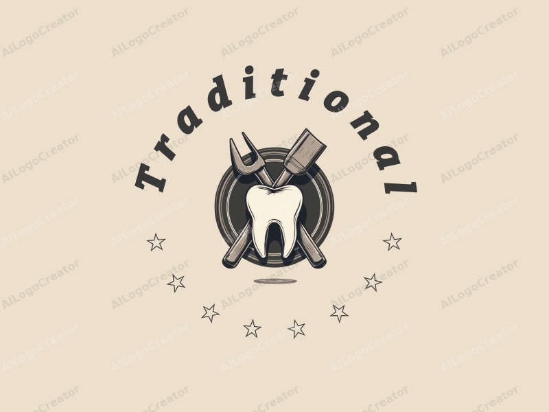 vintage design features traditional craftsmanship tools, stylized teeth, and a classic aesthetic combined with a clean background.