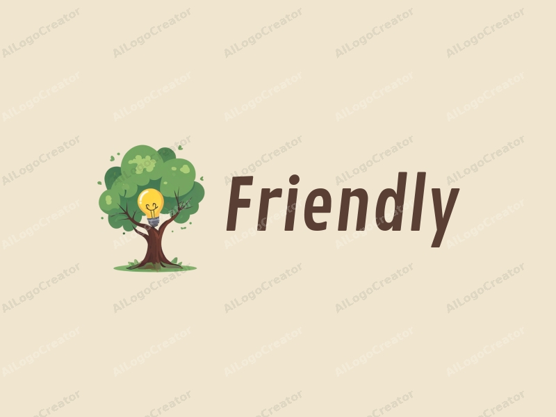 playful design features a friendly tree intertwined with a light bulb, symbolizing friendship and education, combined with a clean background.