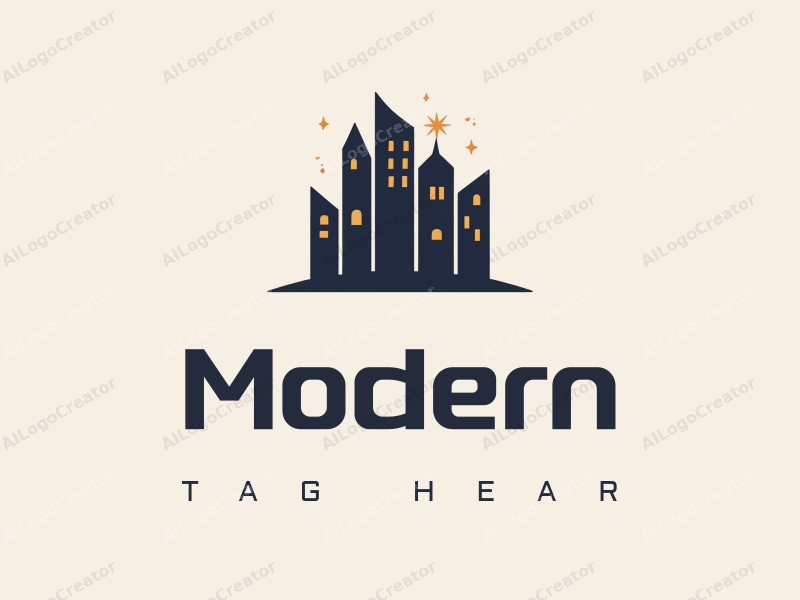 minimalist design features a stylized building silhouette with innovative lighting elements, combined with a clean background and a tag style approach.