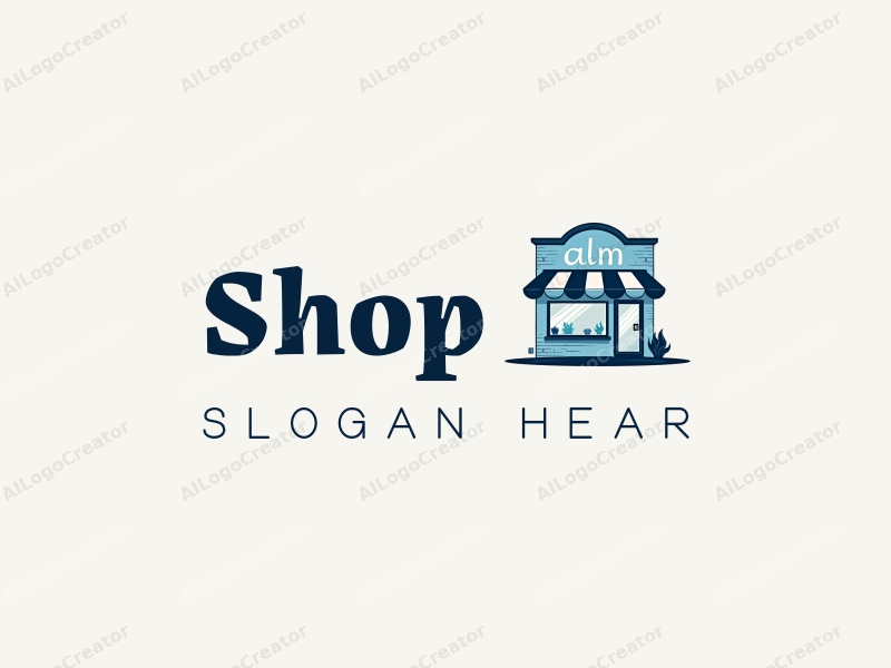 modern design features a stylized shop silhouette, a cartoon character integrated into the design, and a clean background with blue accents.