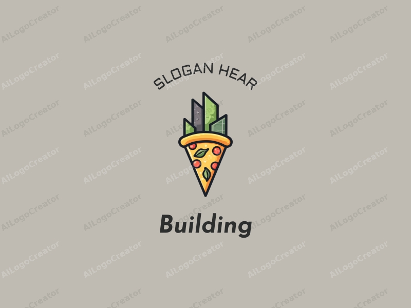 modern design features abstract architectural structures, a stylized pizza slice with basil leaves, combined with a clean gray background.