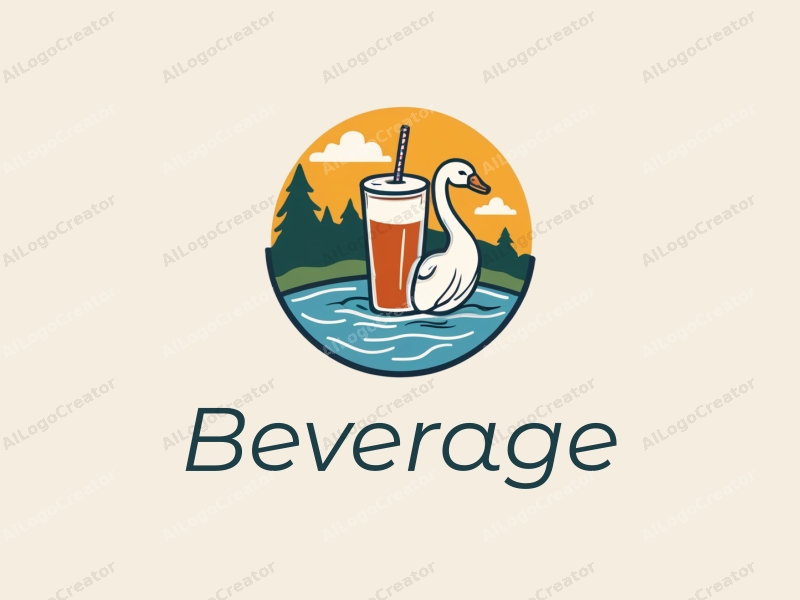 a modern design featuring a stylized beverage, a serene lake, and a graceful swan, combined with a vibrant color palette and a clean background.