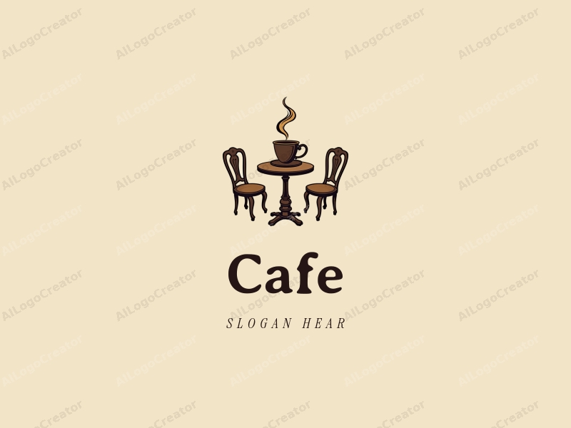 vintage design features a stylized coffee cup, classical table, and chairs, combined with a clean background.