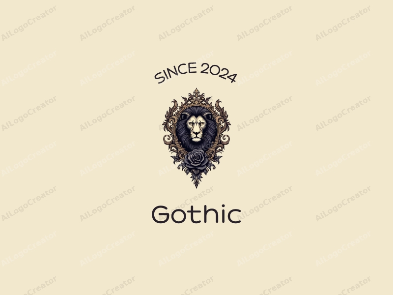 Gothic design features intricate Gothic architecture, elegant Gothic fashion elements, a black rose intertwined with a lion, all combined with a clean background.