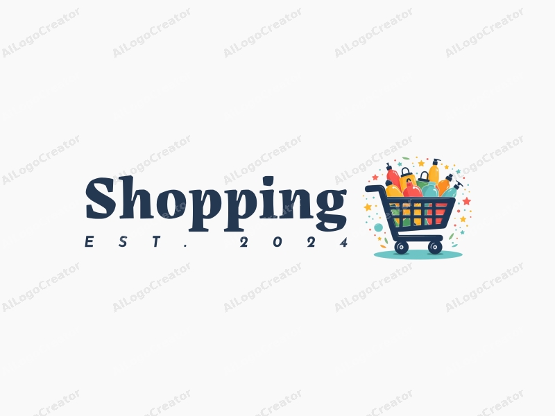 a modern design featuring a colorful shopping cart filled with various products, set against a stylized mall background, emphasizing simplicity and harmony in composition.