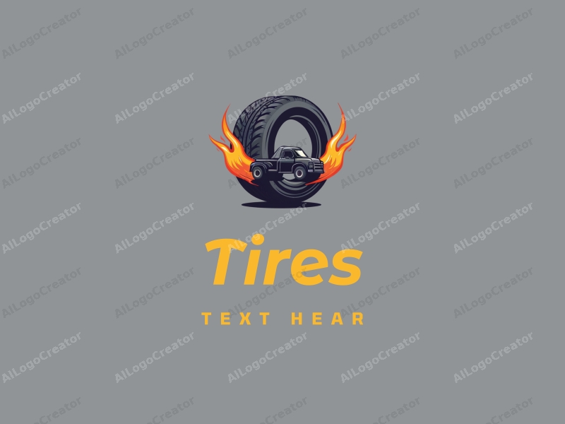 modern design features a stylized tire and car tire intertwined with flames, alongside a simplified tow truck silhouette, combined with a clean background.