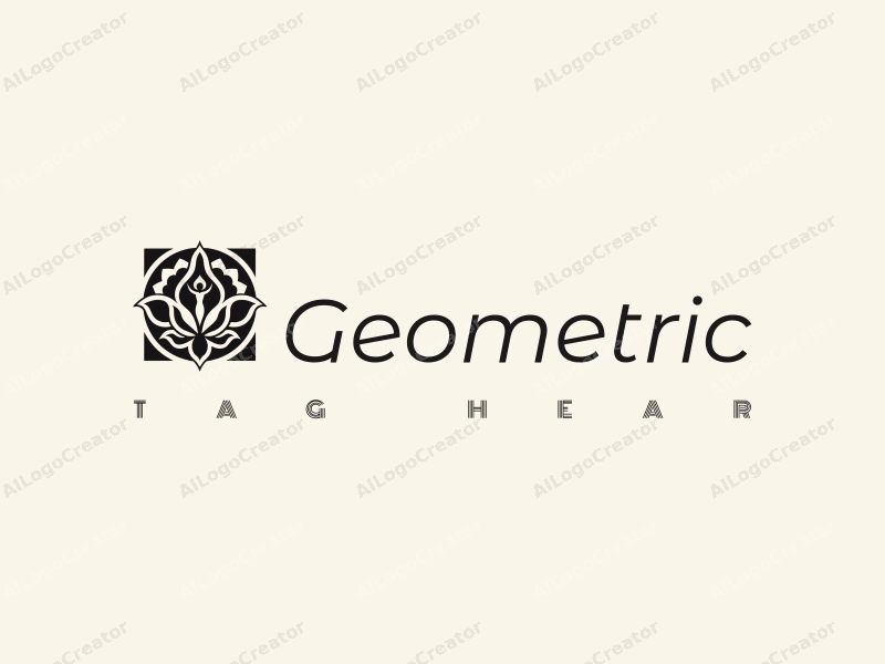 geometric design features a harmonious combination of a square and a circle, incorporating a stylized lotus and goddess figure, with a clean black and white color scheme.