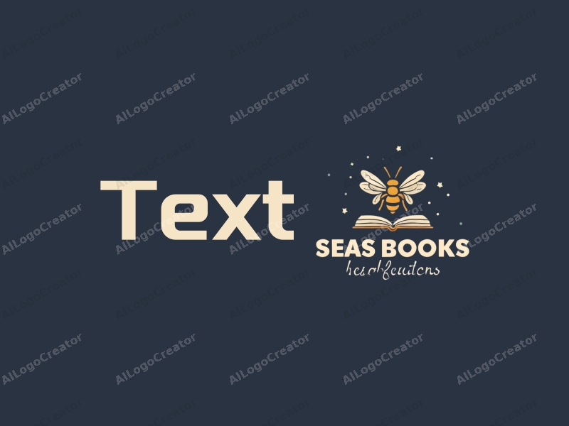 modern design features stylized text and font, an abstract representation of books, and a bee motif combined with a clean background.