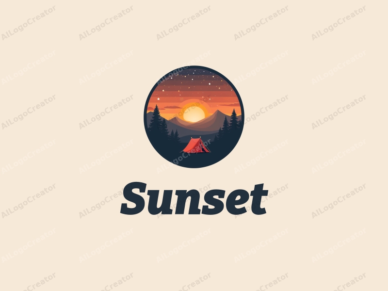 vintage design features a stylized sunset over a scenic landscape, a tent silhouette in the foreground, and a starry sky above, combined with a clean background.