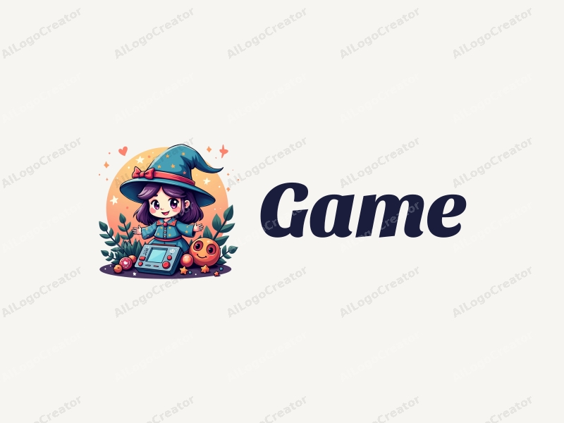 playful design features a whimsical witch character, a stylized game console, and colorful toy elements combined with a clean background.