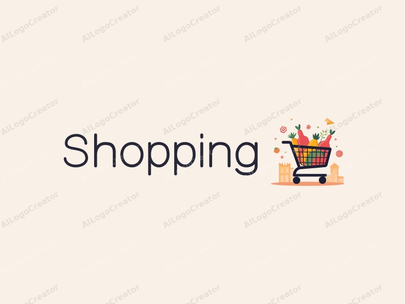 a modern design featuring a colorful shopping cart filled with various food items, set against a clean background with abstract representations of a mall, emphasizing simplicity and harmony in composition.