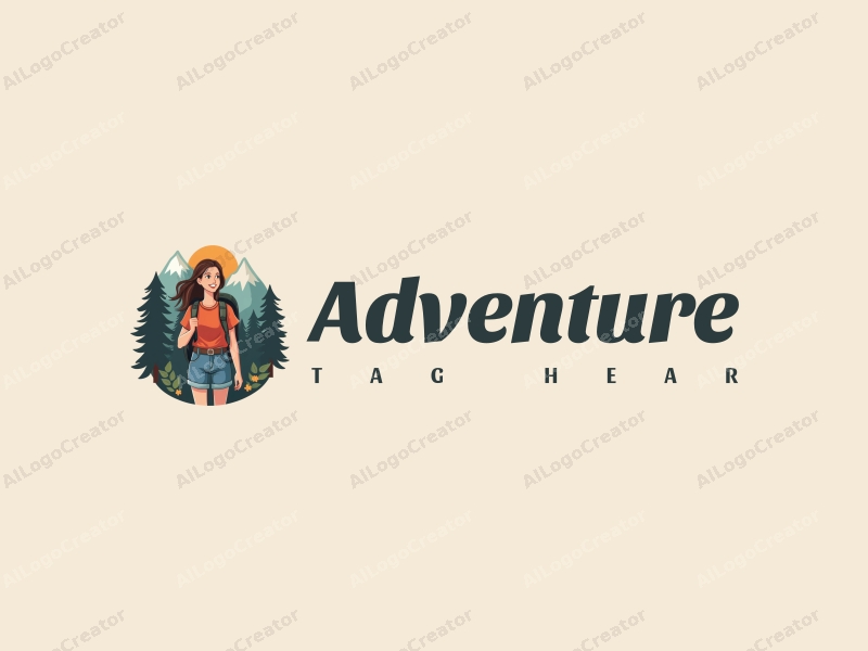 playful design features a smiling woman in an adventurous pose, surrounded by elements of exploration like mountains and trees, combined with a clean background.