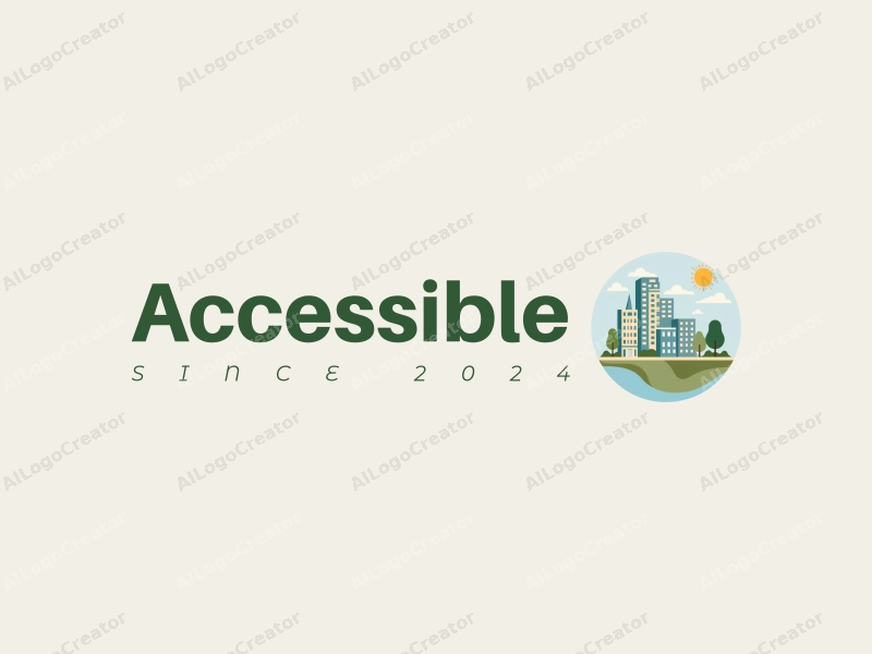 modern design features accessibility symbols, stylized buildings, and green spaces, combined with a clean background and a harmonious layout.