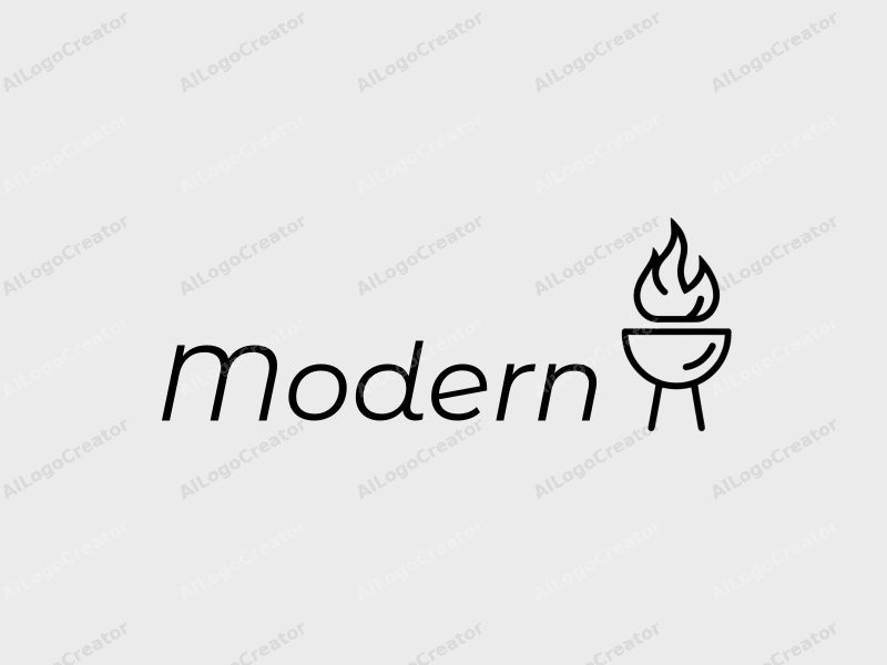 minimalist design features simple lines, a stylized flame representing barbecue, combined with a clean background in white and gray colors.