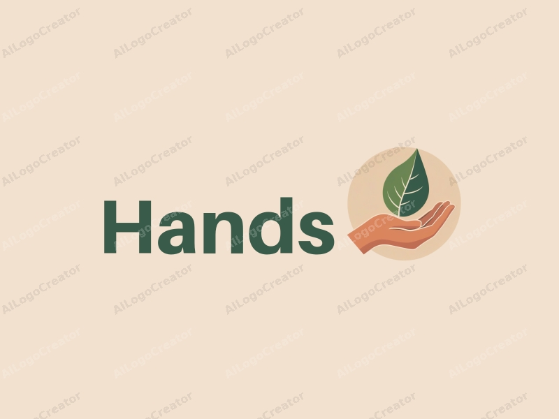 a modern design featuring a hand holding a leaf, with a skin tone color palette, combined with a clean background for a harmonious and simple composition.