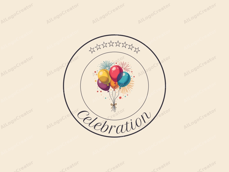 playful design features colorful balloons and vibrant fireworks, combined with a gold accent, creating a festive atmosphere with a clean background.