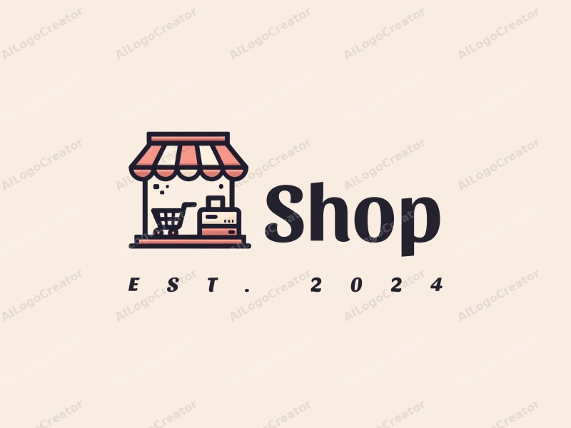 a modern design featuring a stylized shop front, a shopping cart, and a cash register, combined with a clean background.