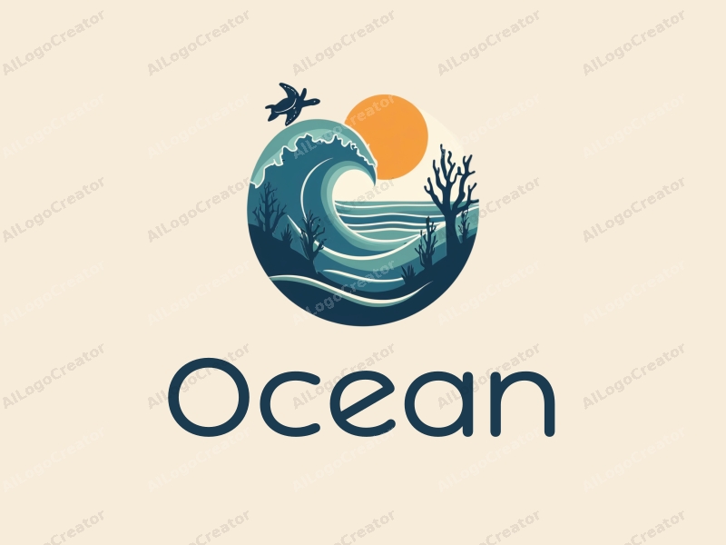 modern design features stylized waves, marine life including coral and a sea turtle, combined with a clean background.