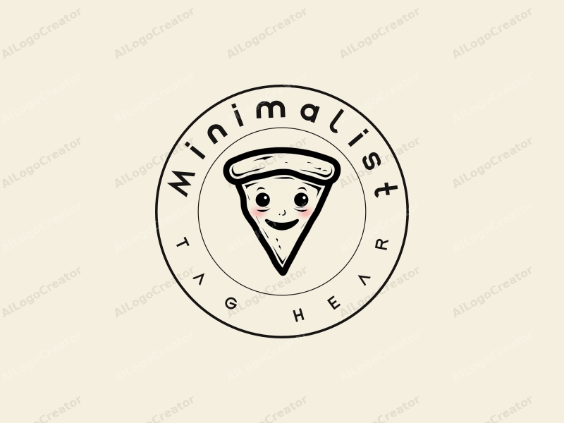 minimalist design features a humorous face integrated with a pizza slice, using clean lines and a tag style approach combined with a black and white color scheme.