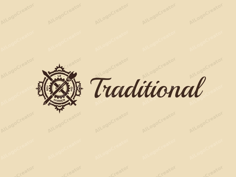 vintage design features traditional craftsmanship elements, stylized gears and tools, combined with a clean background in brown and beige tones.