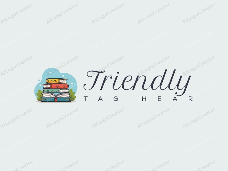 playful design features friendly books and smiling faces, combined with a clean background in blue and green colors.