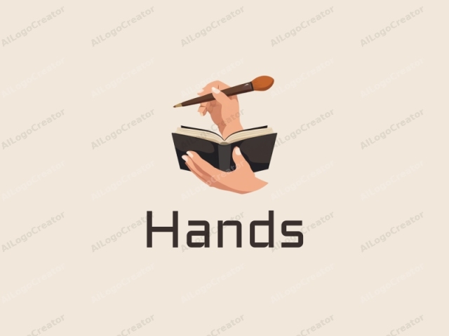 a modern design featuring a hand holding a paintbrush and a book, with a skin tone color palette, combined with a clean and simple background.