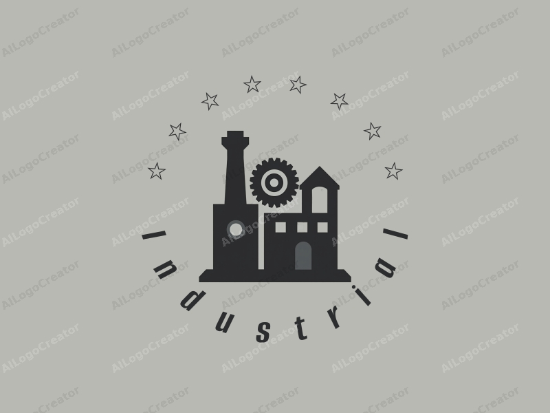 a modern minimalist design featuring a stylized factory silhouette, interlocking gears, and welding elements combined with a clean gray and black background.