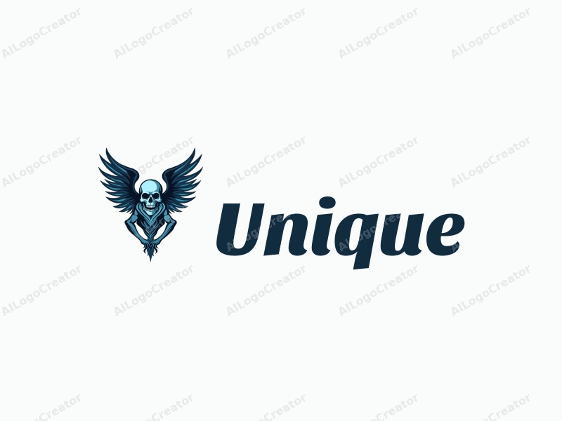 a modern design featuring a stylized angel and skull intertwined, using a blue and black color palette, with a clean and minimalistic approach combined with innovative shapes and lines.